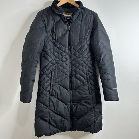 Eddie Bauer Coat Jacket Womens M Tall Black Long Quilted Down Puffer Full Zip - Picture 1 of 9